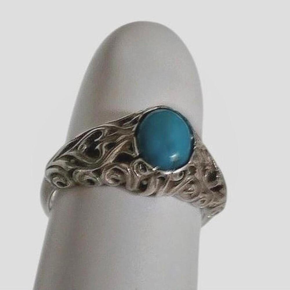 Vintage 1970s Sunbell Sterling Silver Turquoise Filigree Ring Size 8.5